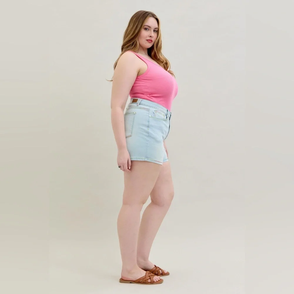 🆕 Judy Blue Mid Rise Rainbow 🌈 Thread Shorts - Picture 3 of 9
